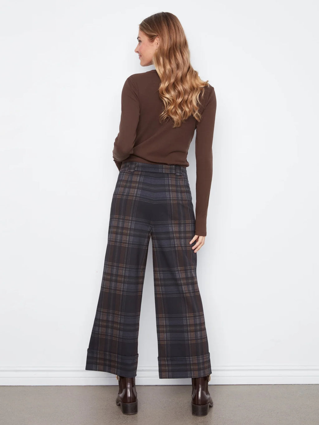 Charlie B Ponte Plaid Wide Leg Pant with Cuff