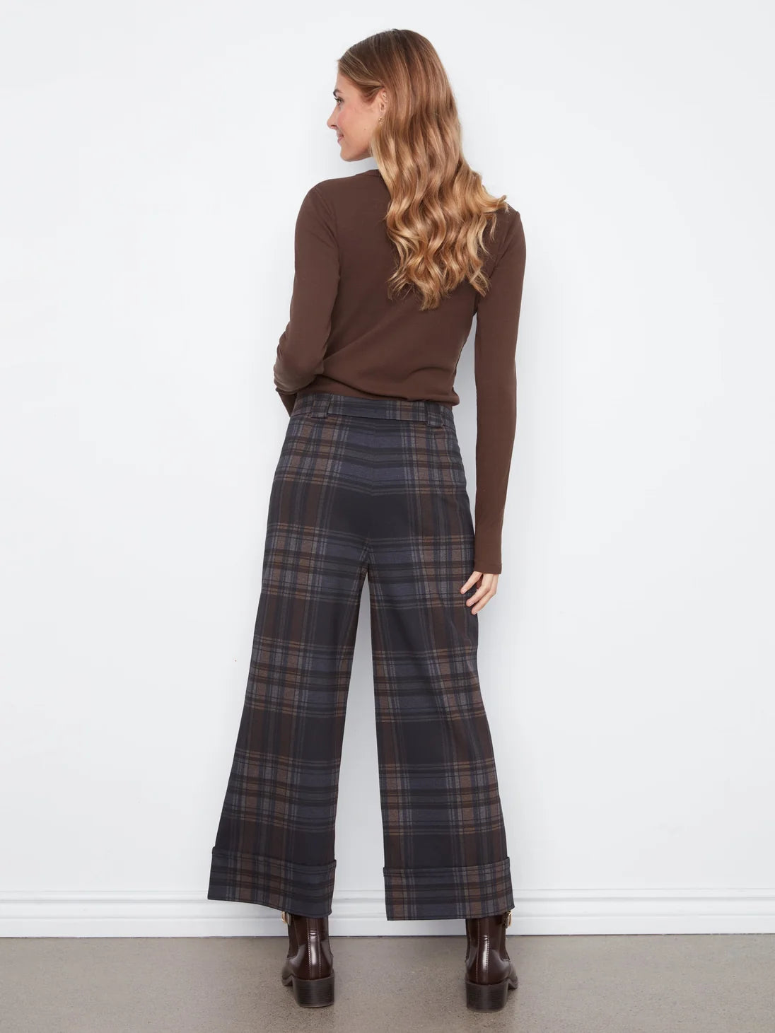 Charlie B Ponte Plaid Wide Leg Pant with Cuff