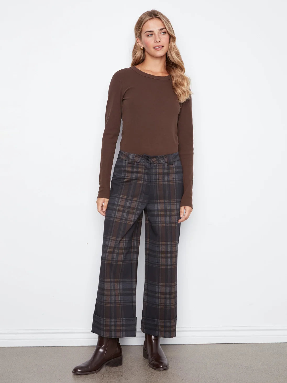 Charlie B Ponte Plaid Wide Leg Pant with Cuff