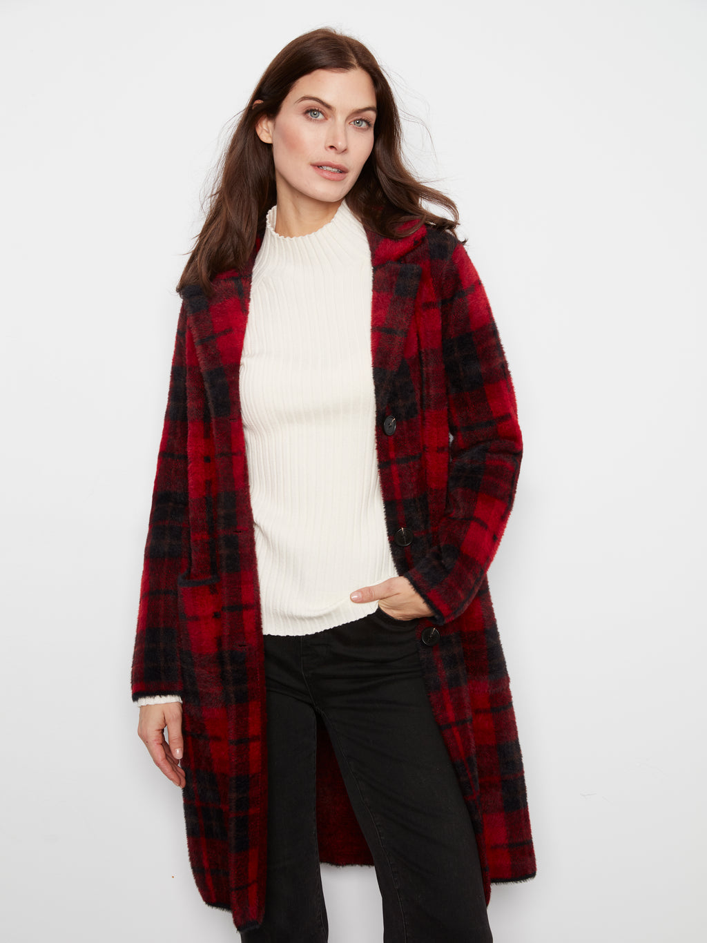 Charlie B Long Plaid Knit Coatigan