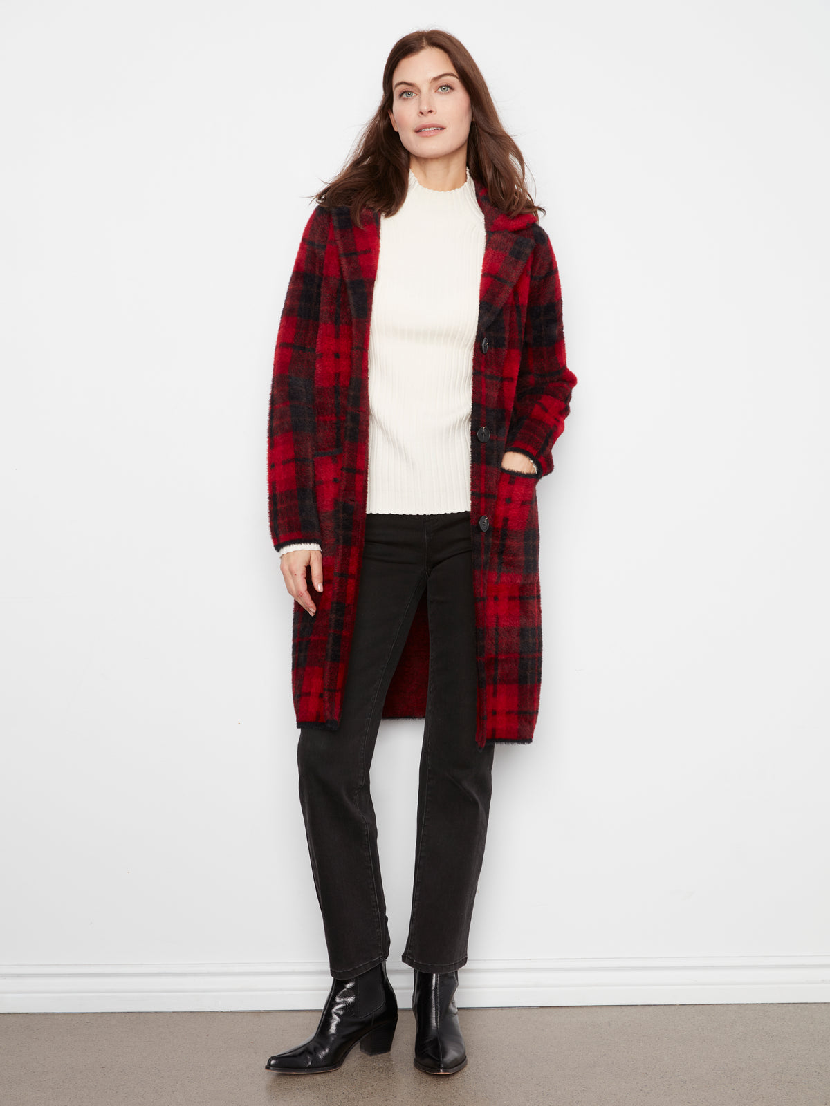 Charlie B Long Plaid Knit Coatigan