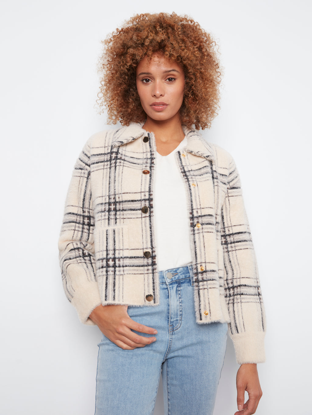 Eyelash Yarn Short Plaid Jacket by Charlie B