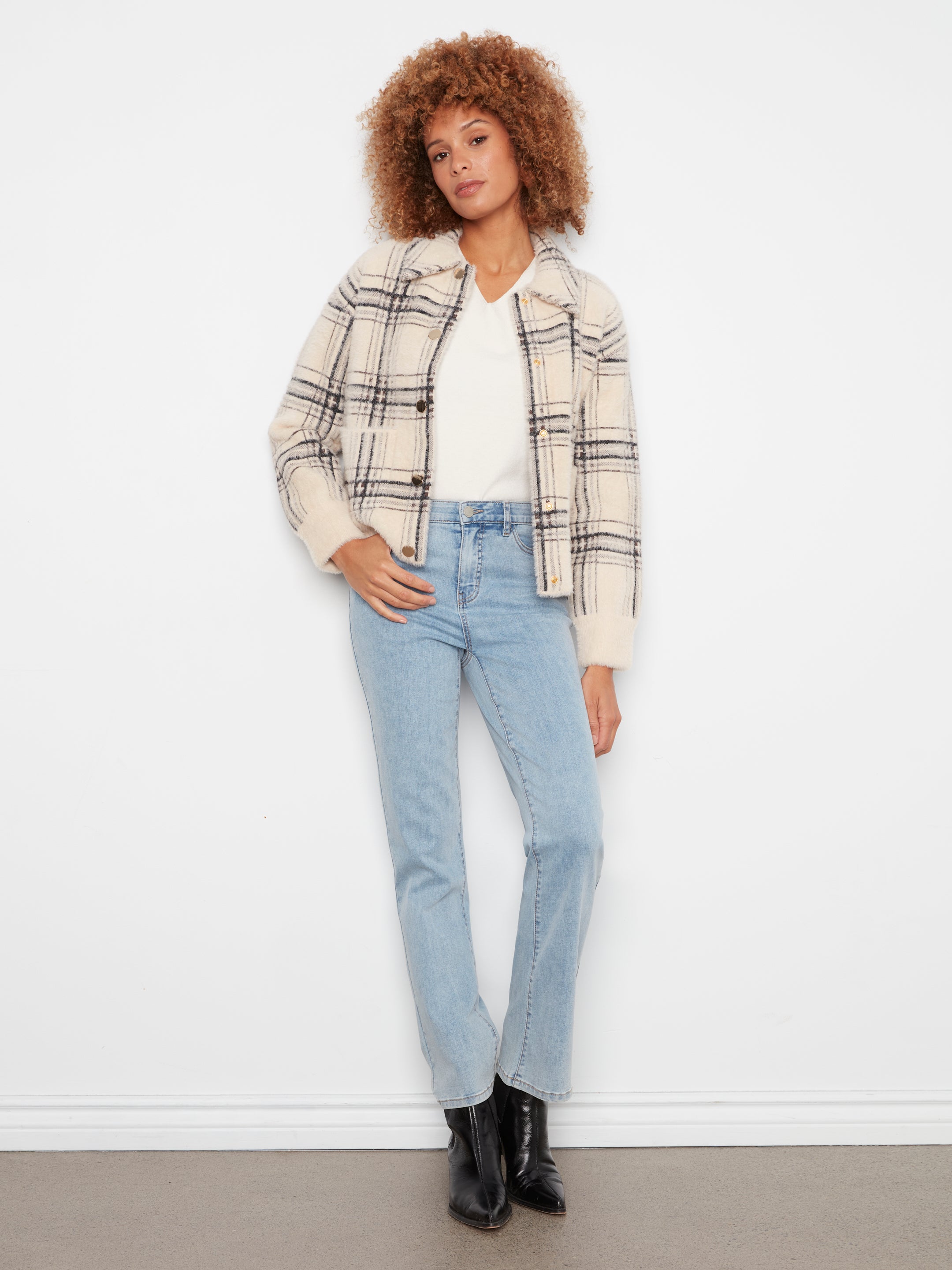 Eyelash Yarn Short Plaid Jacket by Charlie B