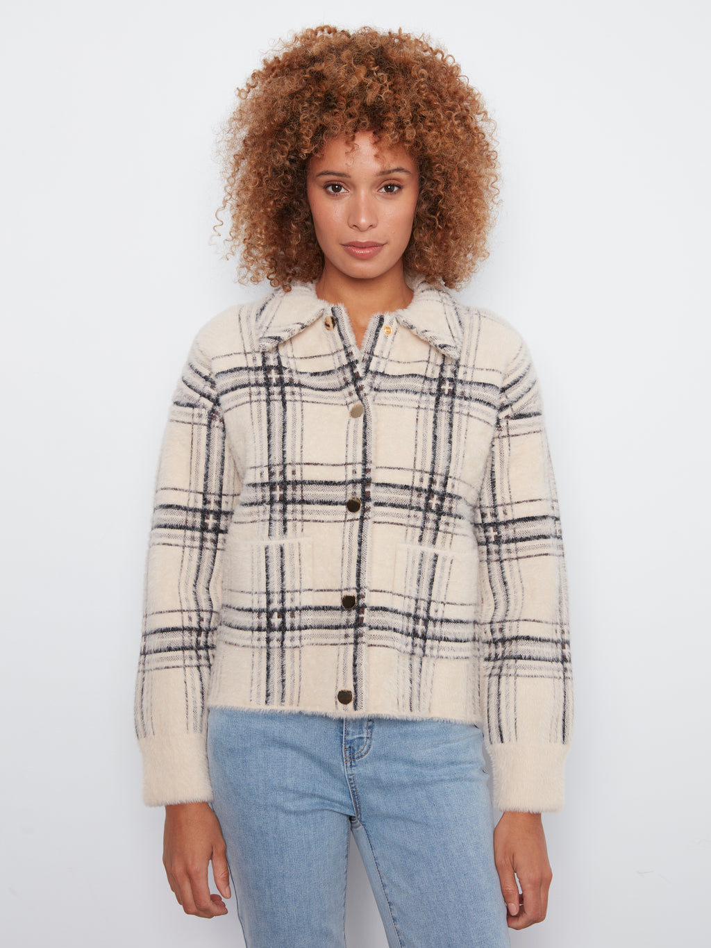 Eyelash Yarn Short Plaid Jacket by Charlie B