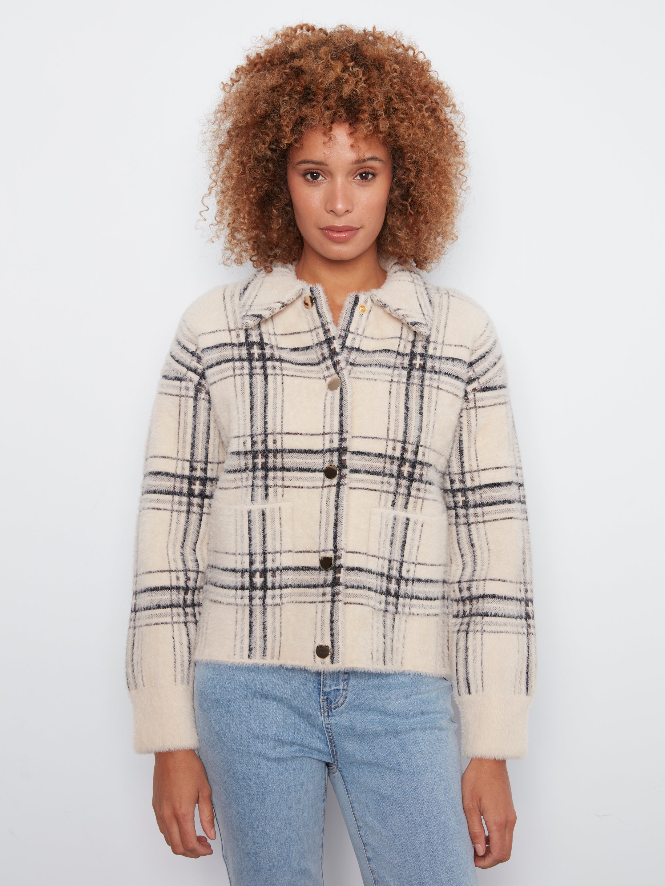 Eyelash Yarn Short Plaid Jacket by Charlie B