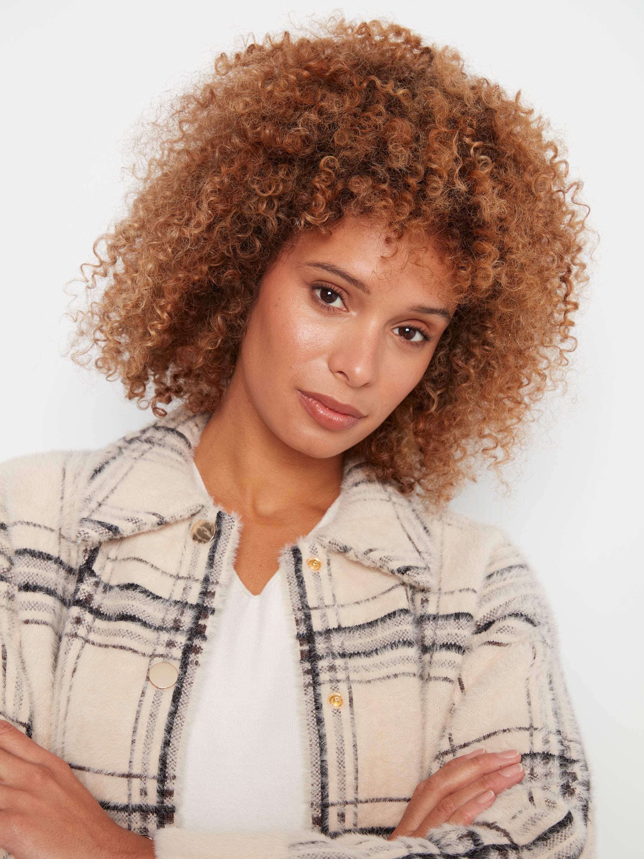 Eyelash Yarn Short Plaid Jacket by Charlie B
