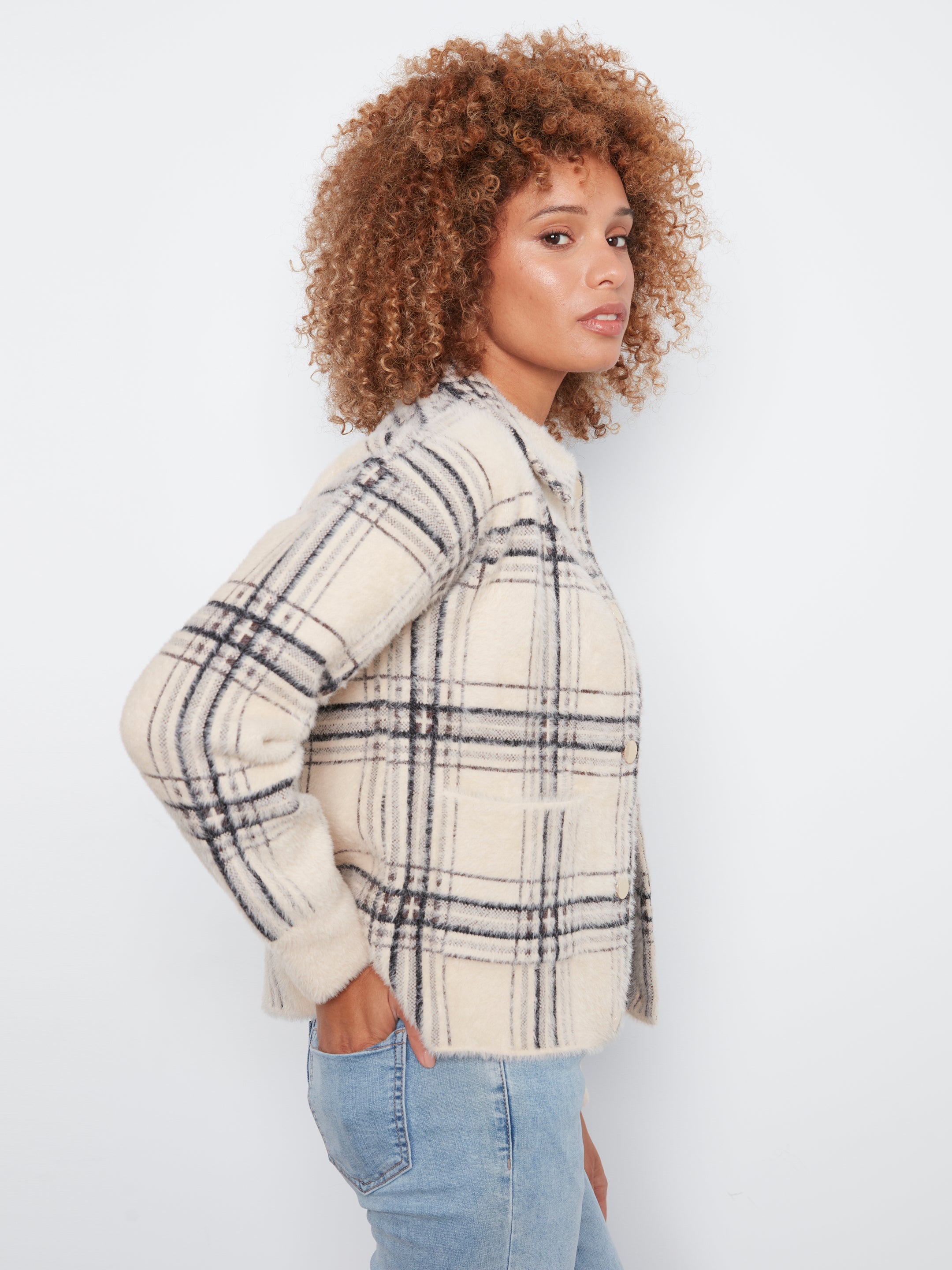 Eyelash Yarn Short Plaid Jacket by Charlie B