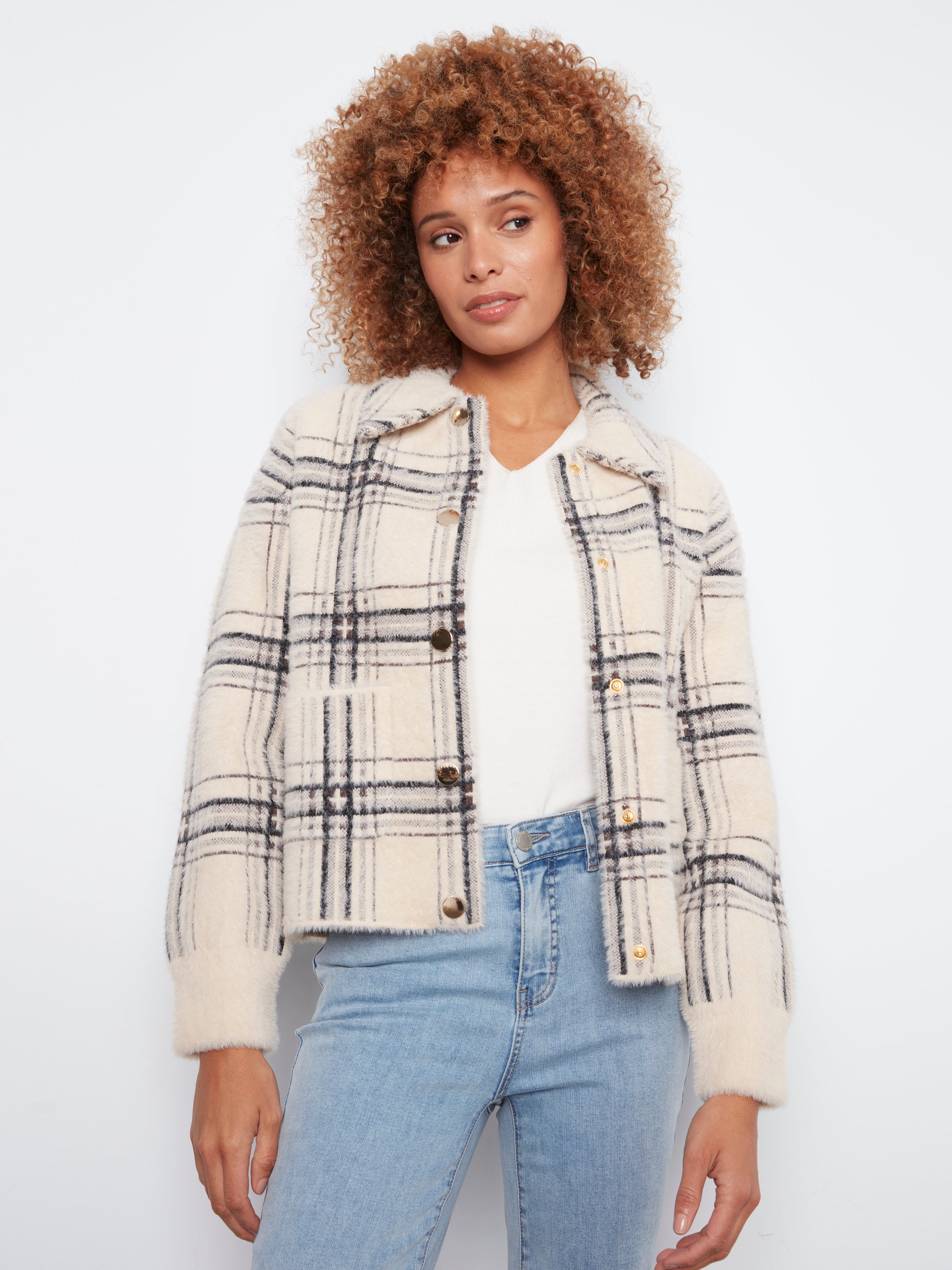Eyelash Yarn Short Plaid Jacket by Charlie B