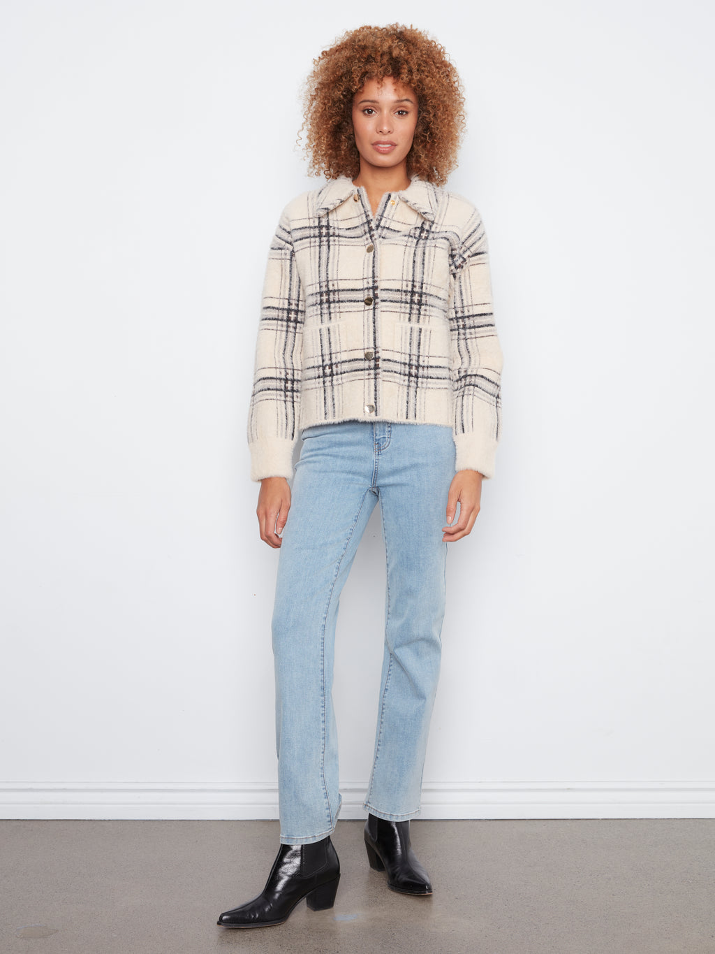 Eyelash Yarn Short Plaid Jacket by Charlie B