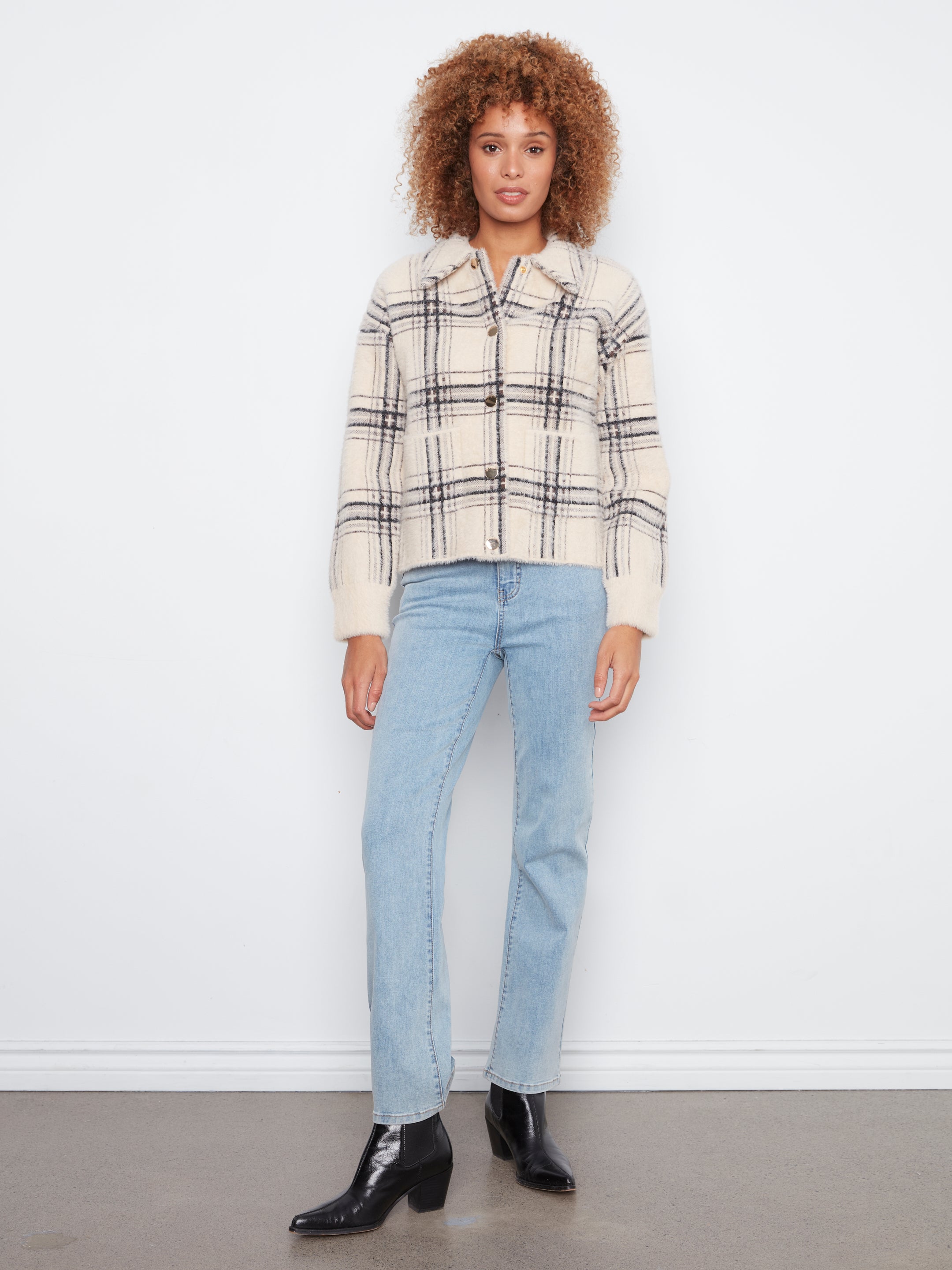 Eyelash Yarn Short Plaid Jacket by Charlie B