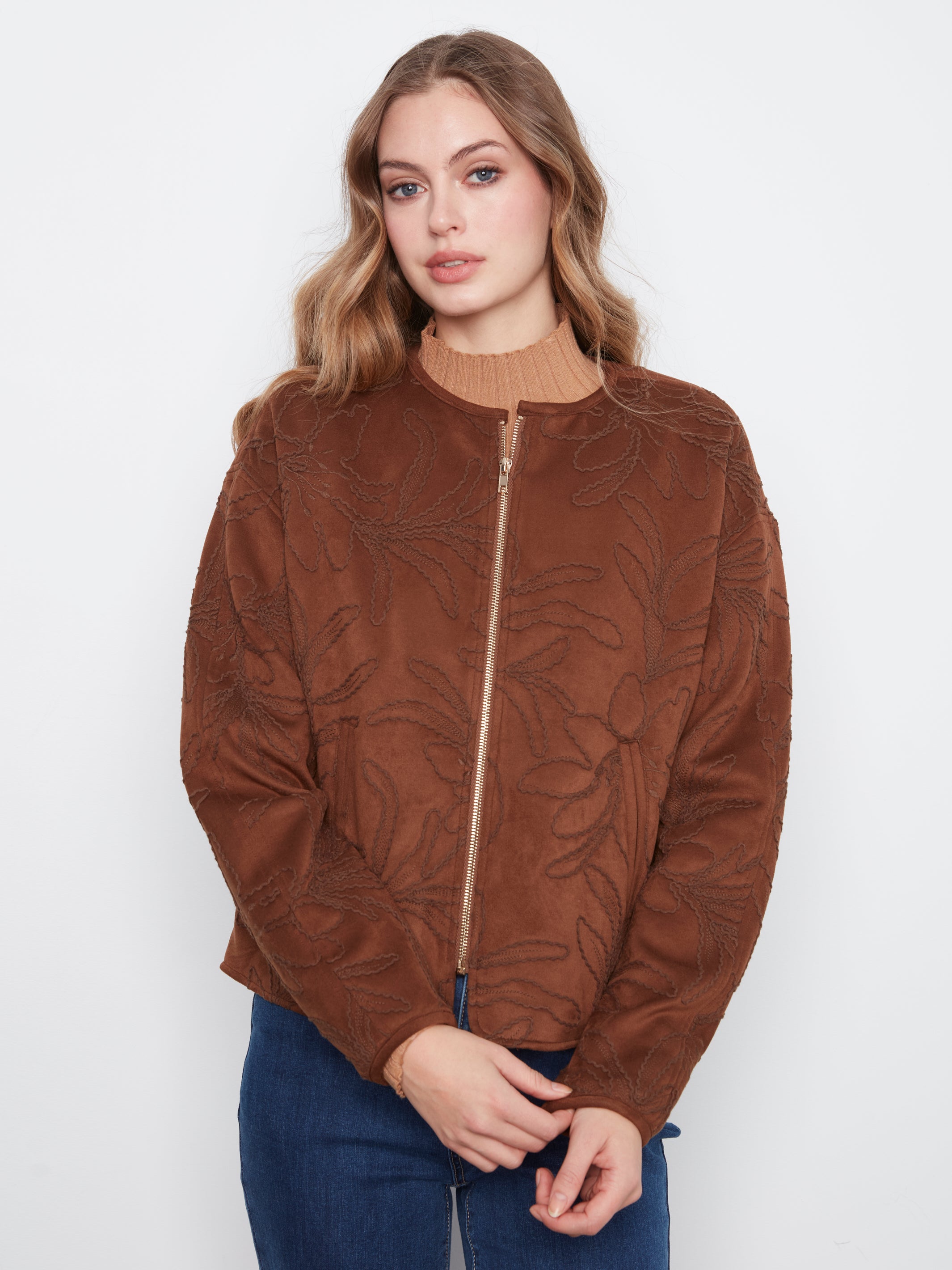 Embroidered Faux Suede Bomber Jacket by Charlie B
