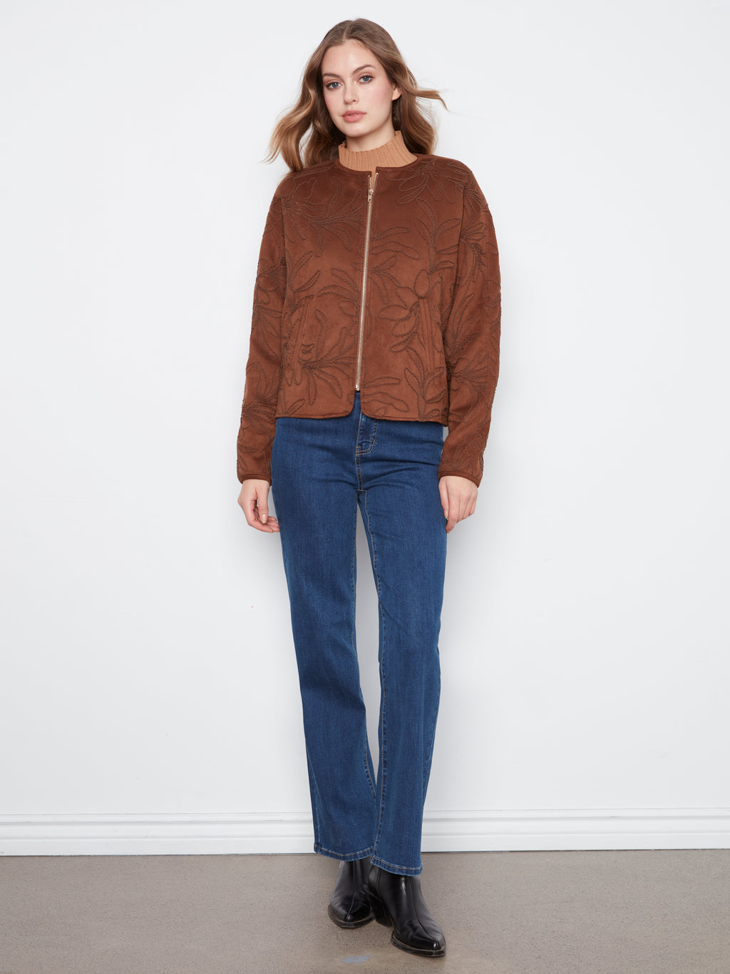 Embroidered Faux Suede Bomber Jacket by Charlie B