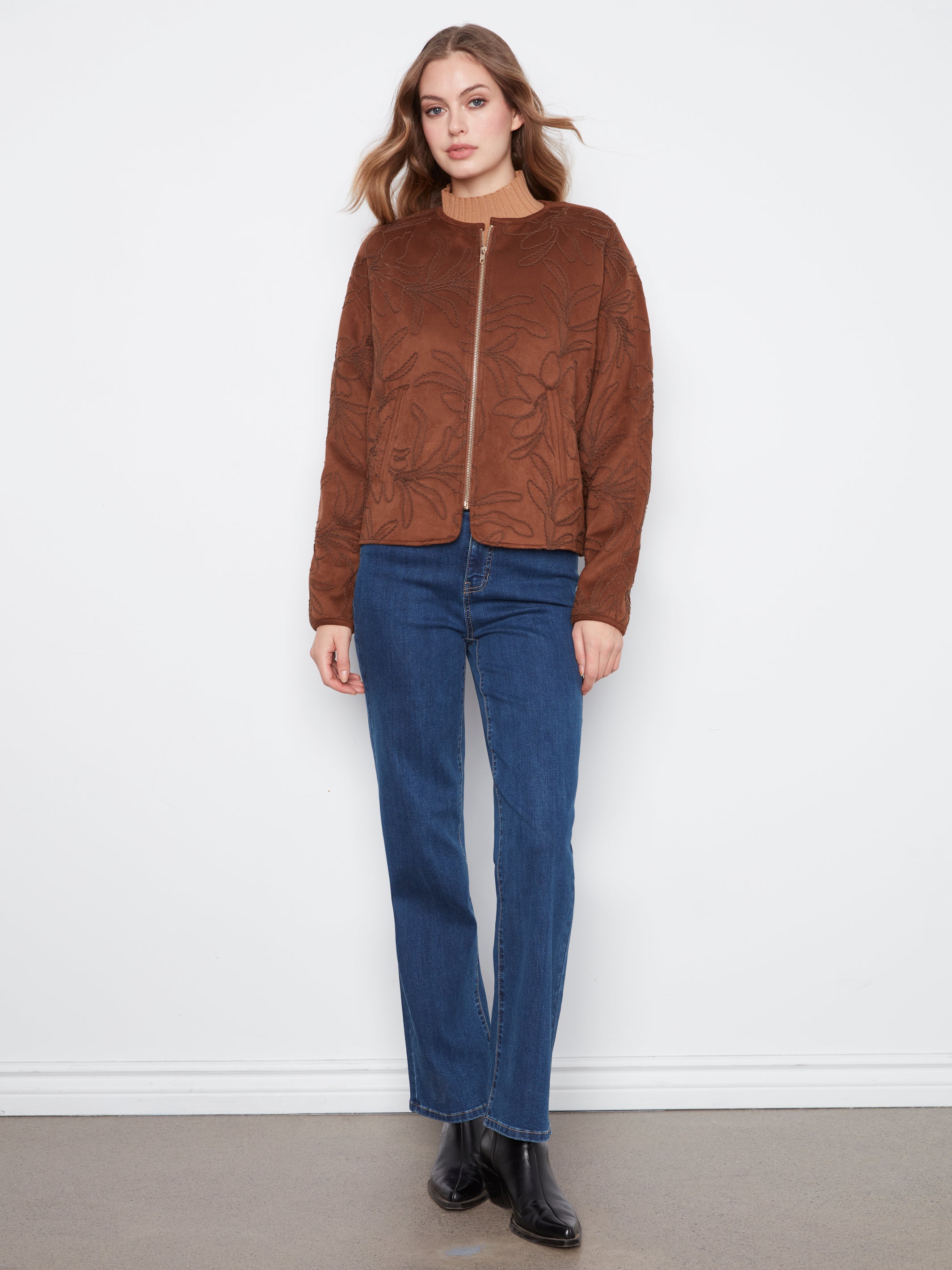 Embroidered Faux Suede Bomber Jacket by Charlie B