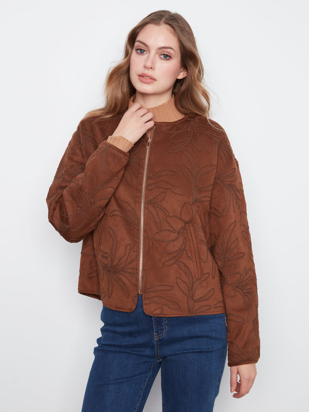 Embroidered Faux Suede Bomber Jacket by Charlie B