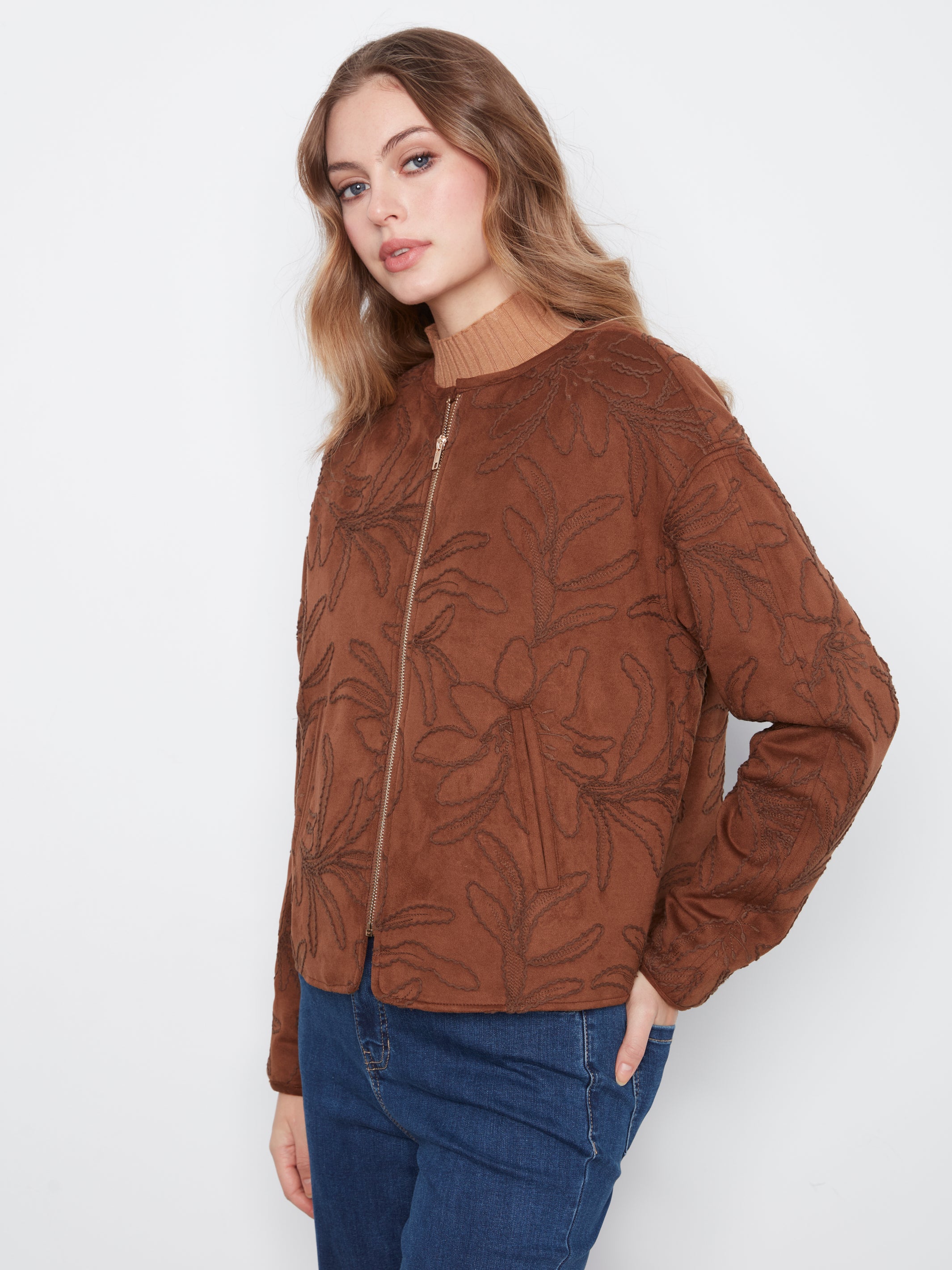 Embroidered Faux Suede Bomber Jacket by Charlie B