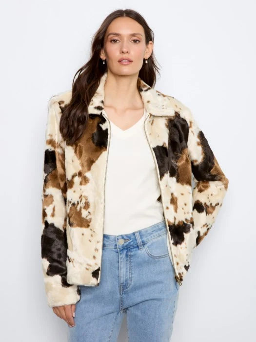 Charlie B Long Sleeve Faux Fur Jacket in a Cow Pattern