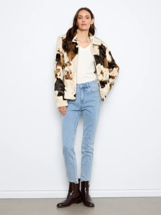 Charlie B Long Sleeve Faux Fur Jacket in a Cow Pattern