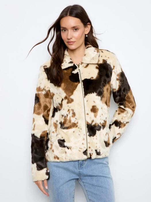 Charlie B Long Sleeve Faux Fur Jacket in a Cow Pattern