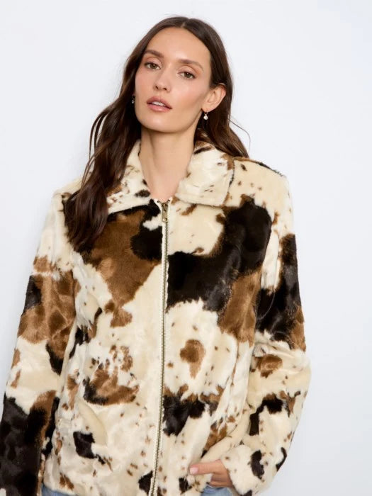 Charlie B Long Sleeve Faux Fur Jacket in a Cow Pattern