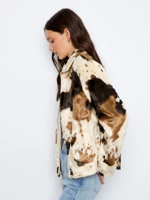 Charlie B Long Sleeve Faux Fur Jacket in a Cow Pattern