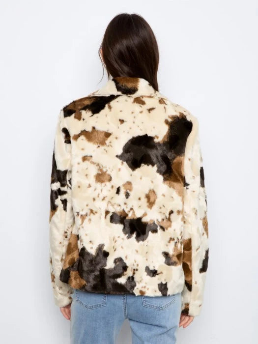 Charlie B Long Sleeve Faux Fur Jacket in a Cow Pattern