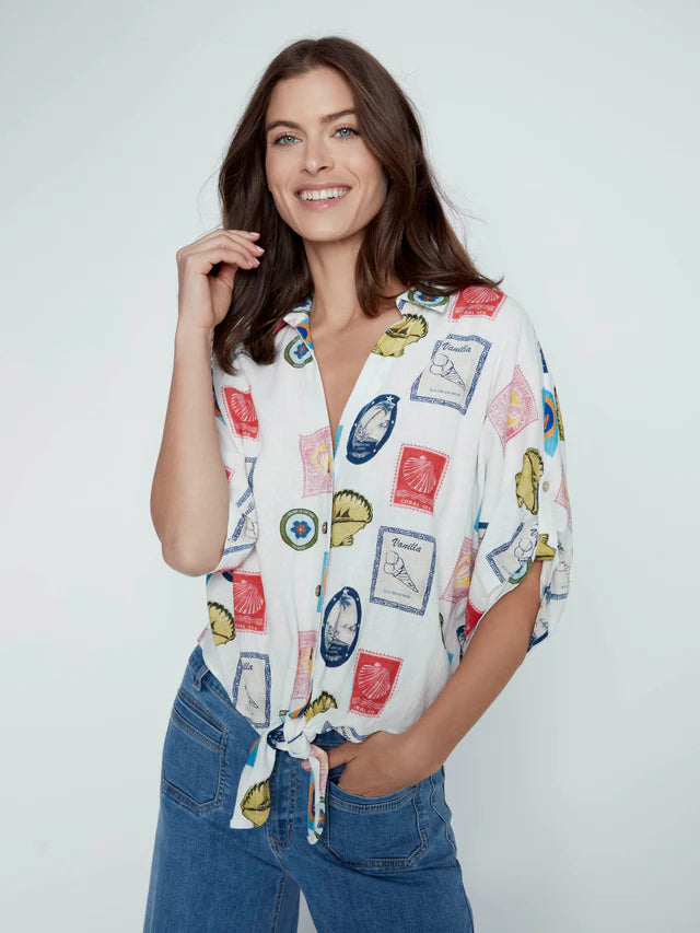 Printed Linen Blend Front-Tie Blouse - Postcard by Charlie B