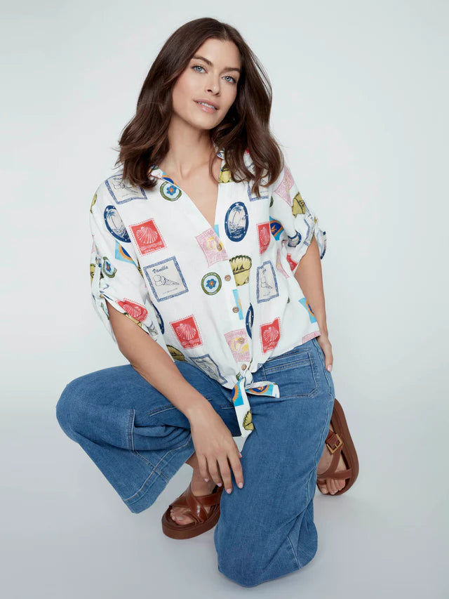 Printed Linen Blend Front-Tie Blouse - Postcard by Charlie B
