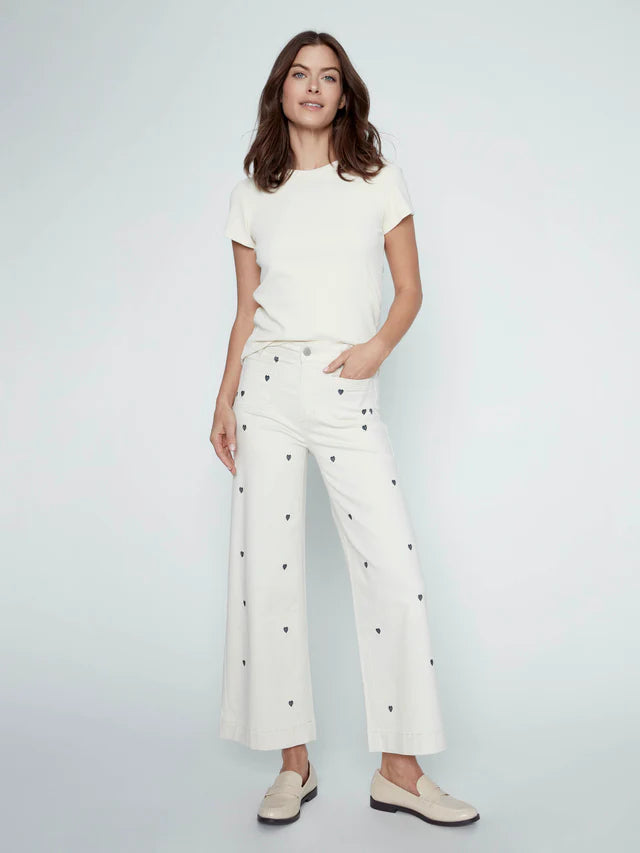 Embroidered Cropped Patch Pocket Flare Twill Pants - Natural by Charlie B
