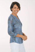 FDJ 3/4 Sleeve Henley Top, Indigo Leaf Rain