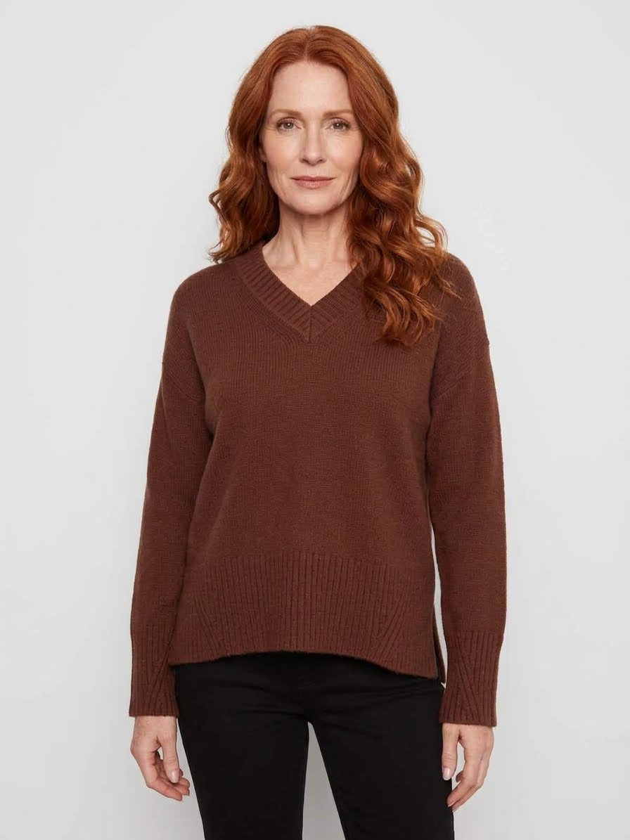 V-Neck Knit Sweater - Heather Brown