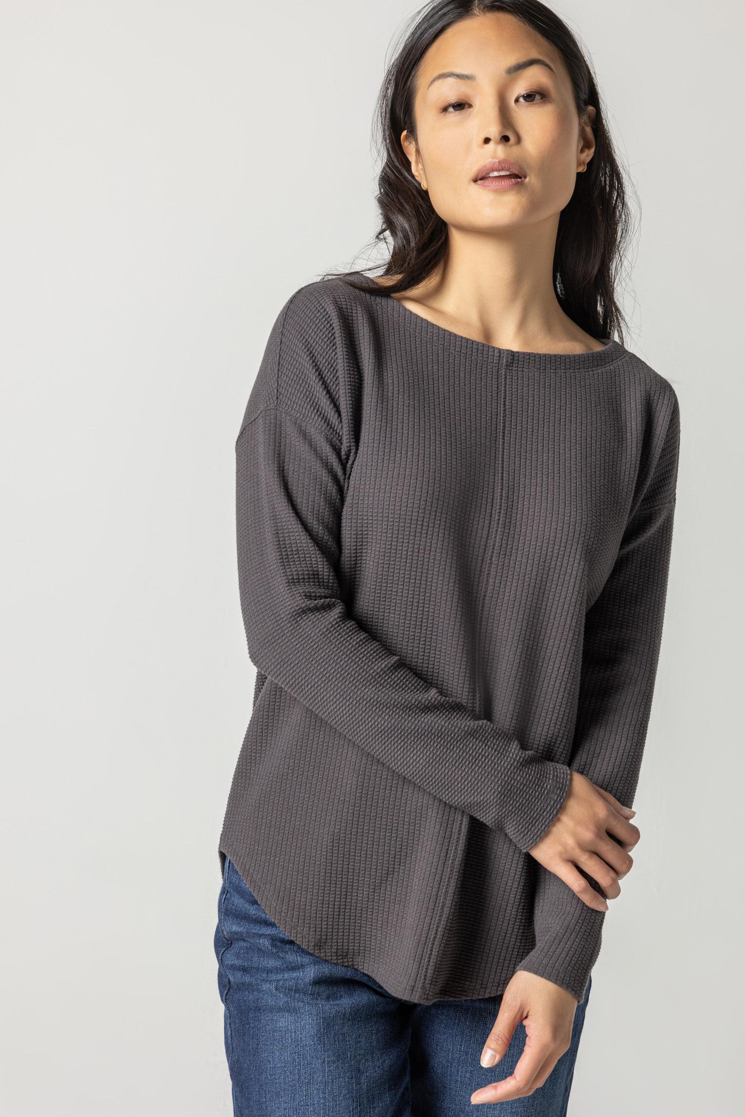 Textured Waffle Shirttail Hem Boatneck Top by Lilla P
