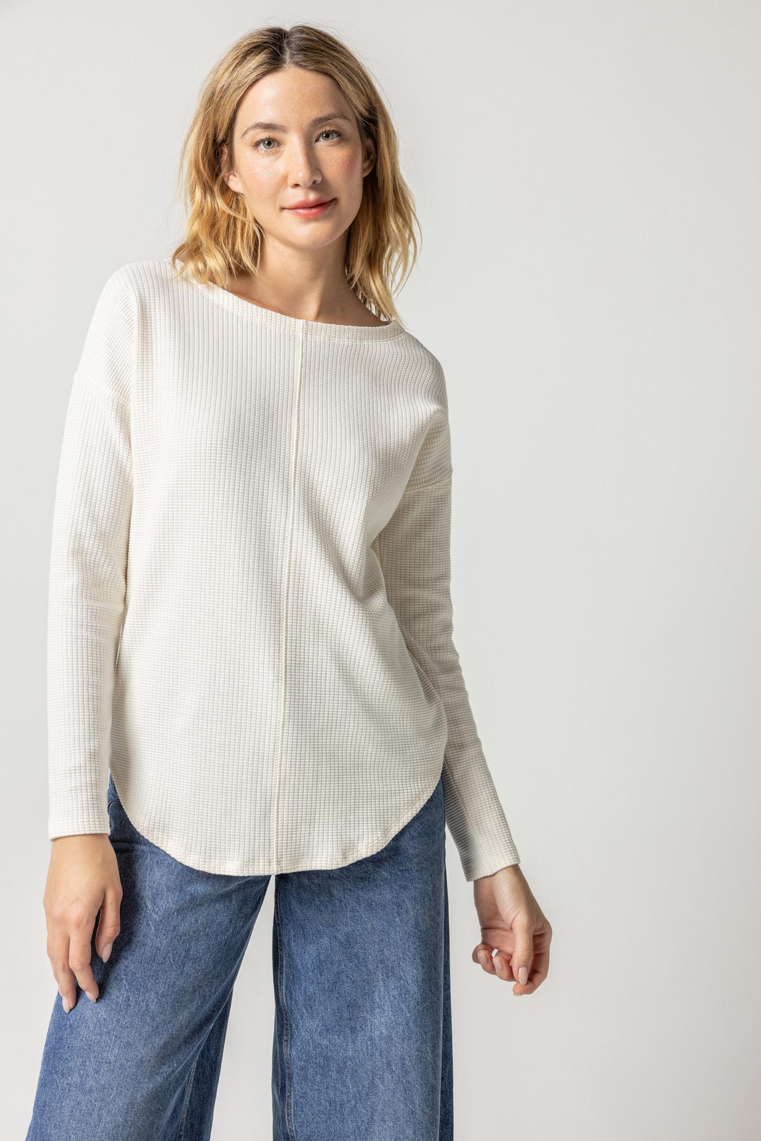 Textured Waffle Shirttail Hem Boatneck Top by Lilla P