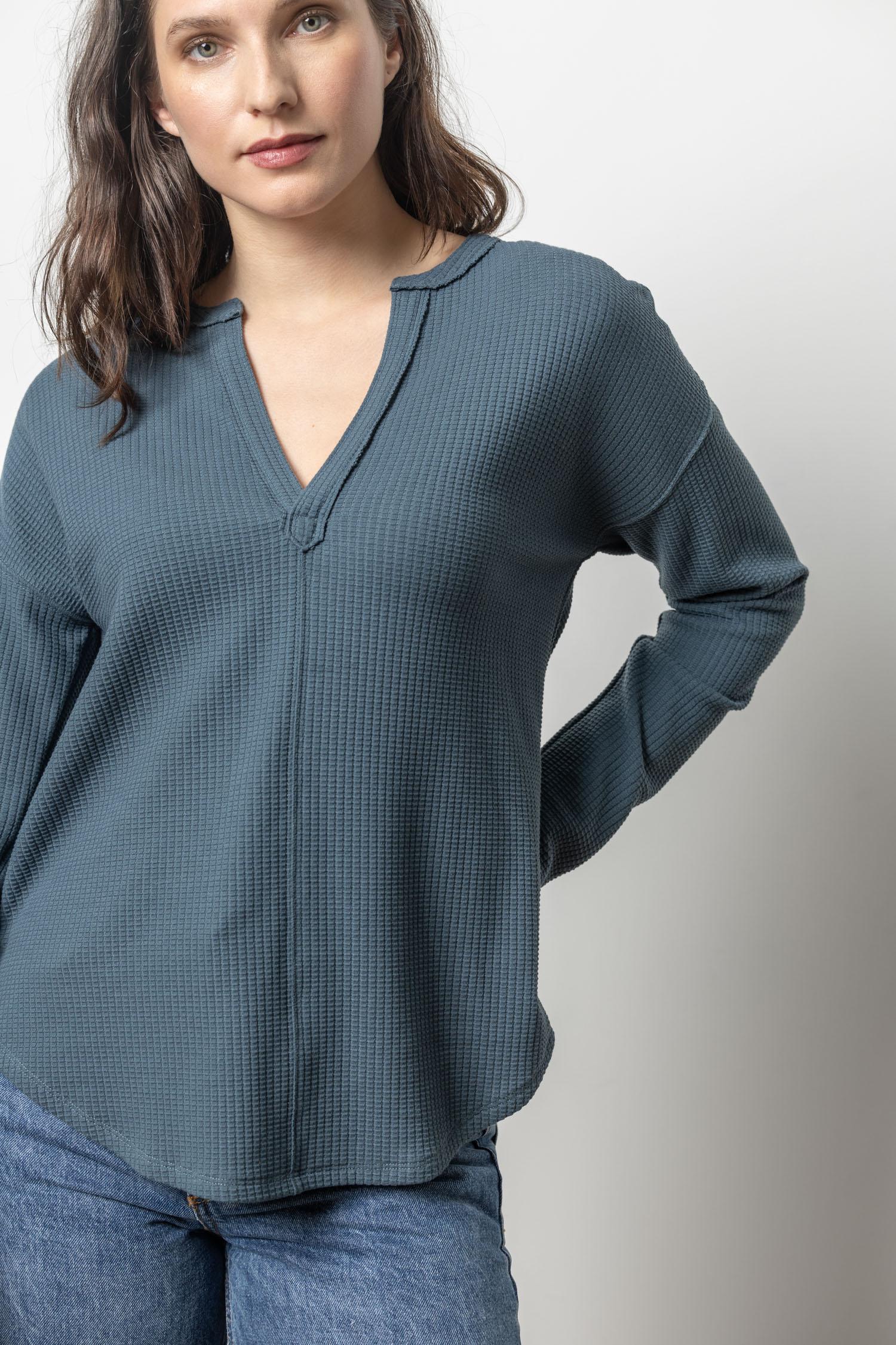 Round Hem Split Neck Waffle Knit Top by Lilla P