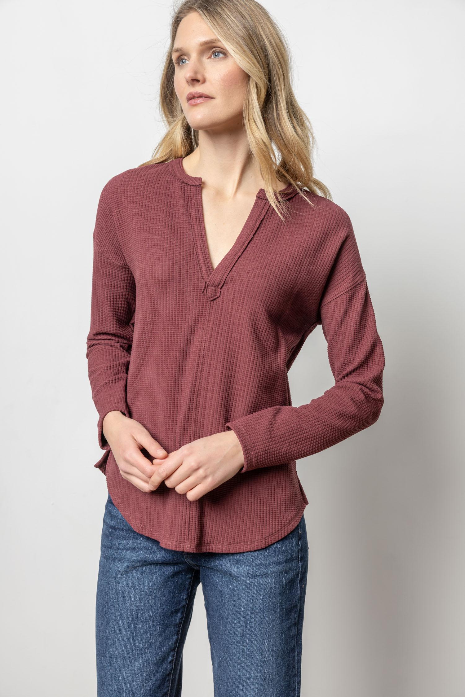 Round Hem Split Neck Waffle Knit Top by Lilla P