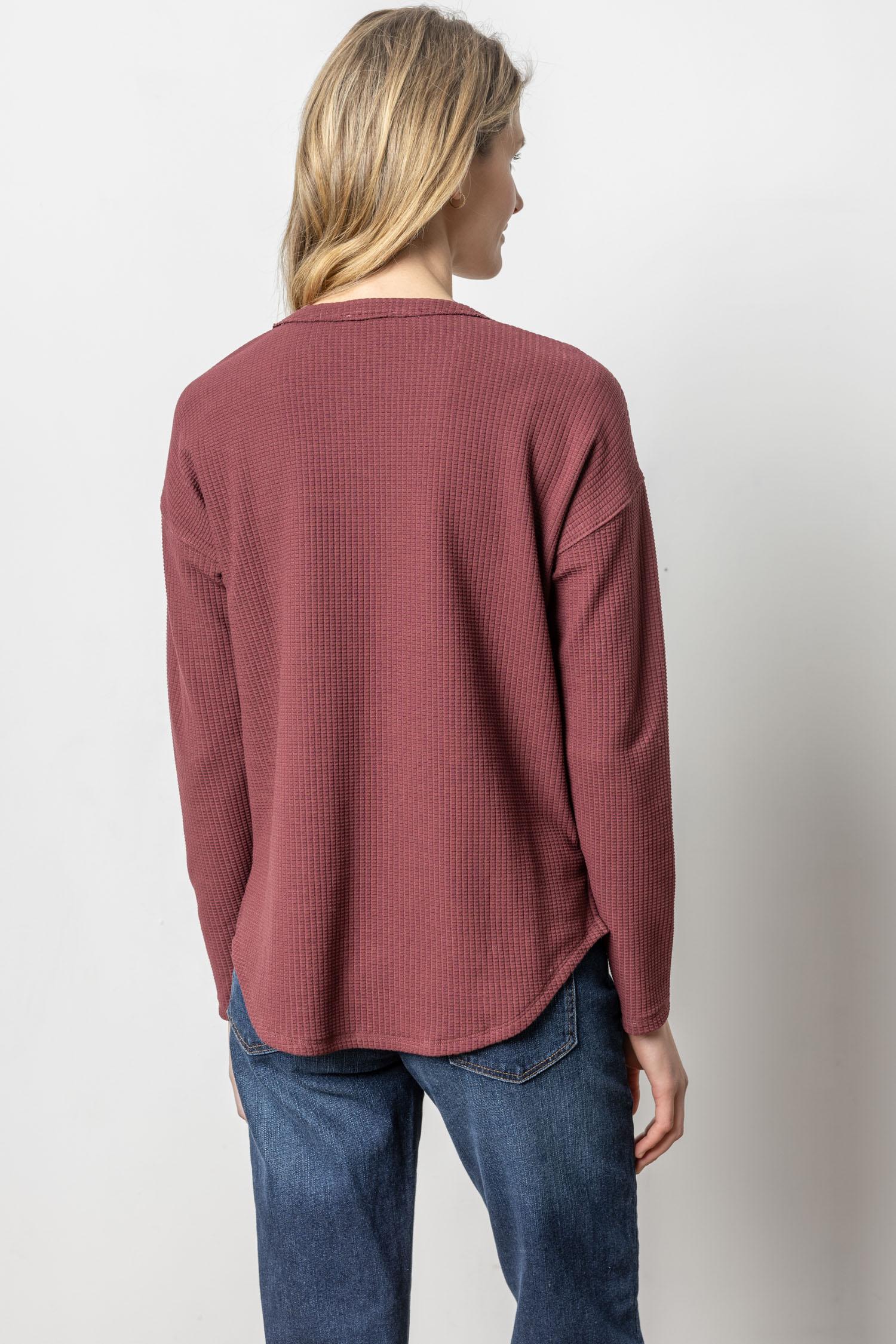 Round Hem Split Neck Waffle Knit Top by Lilla P