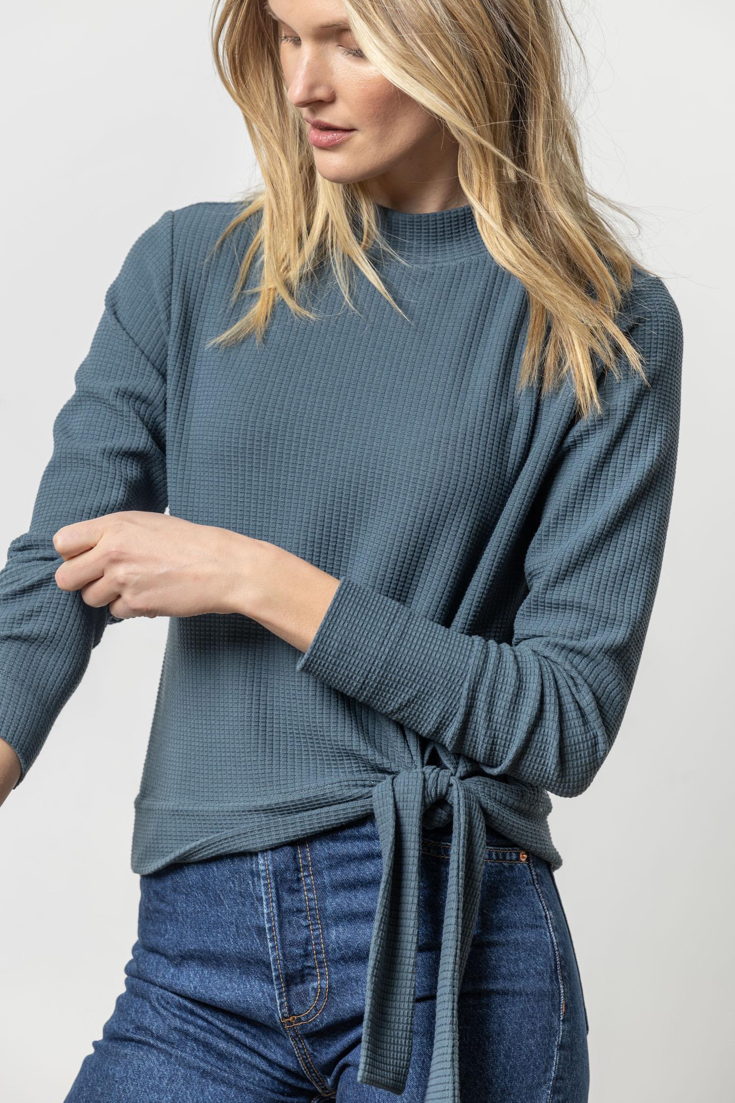 Tie Waist Mock Neck Waffle Knit Top by Lilla P