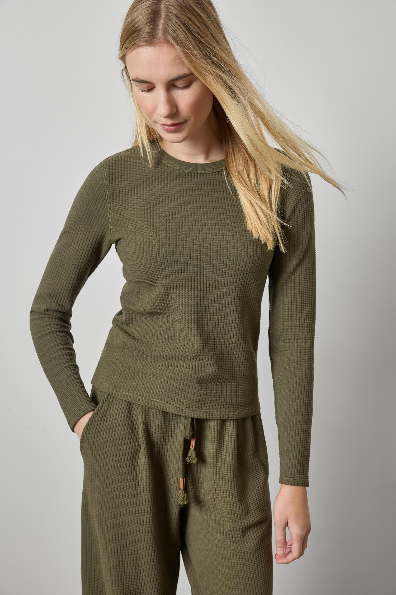 Slim Textured Waffle Knit Crew Neck Top by Lilla P