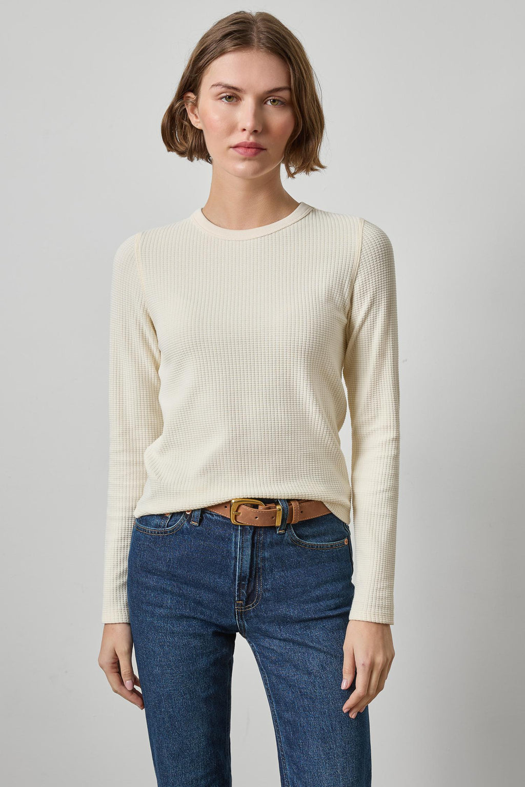 Slim Textured Waffle Knit Crew Neck Top by Lilla P