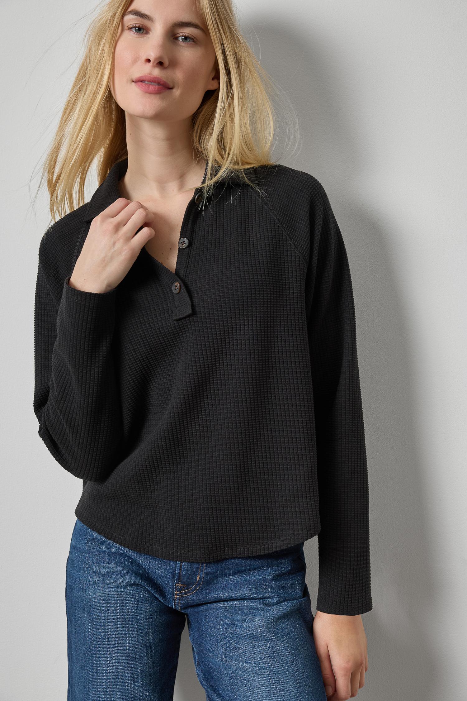 Lilla P Textured Waffle Knit Raglan Polo Top