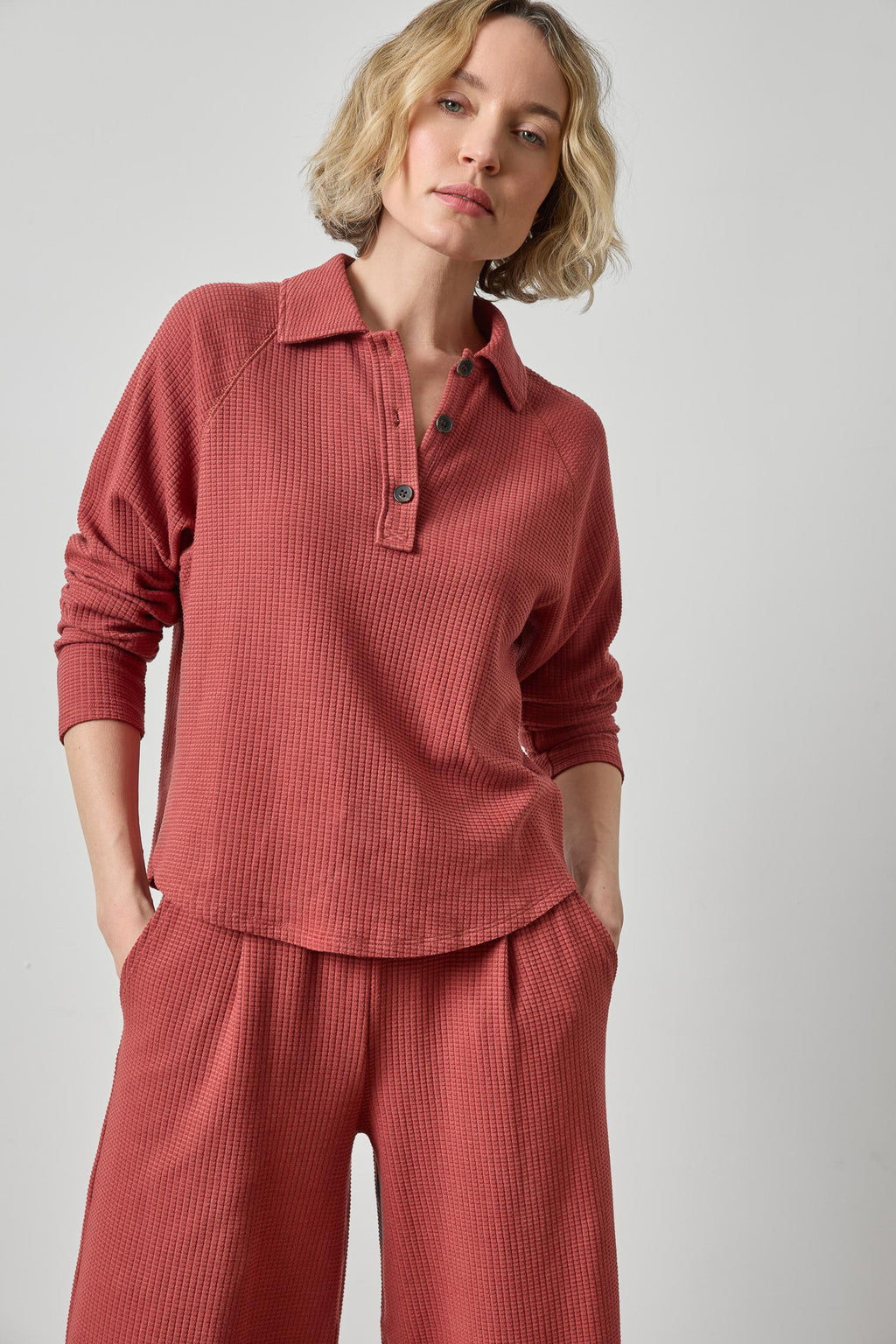 Lilla P Textured Waffle Knit Raglan Polo Top