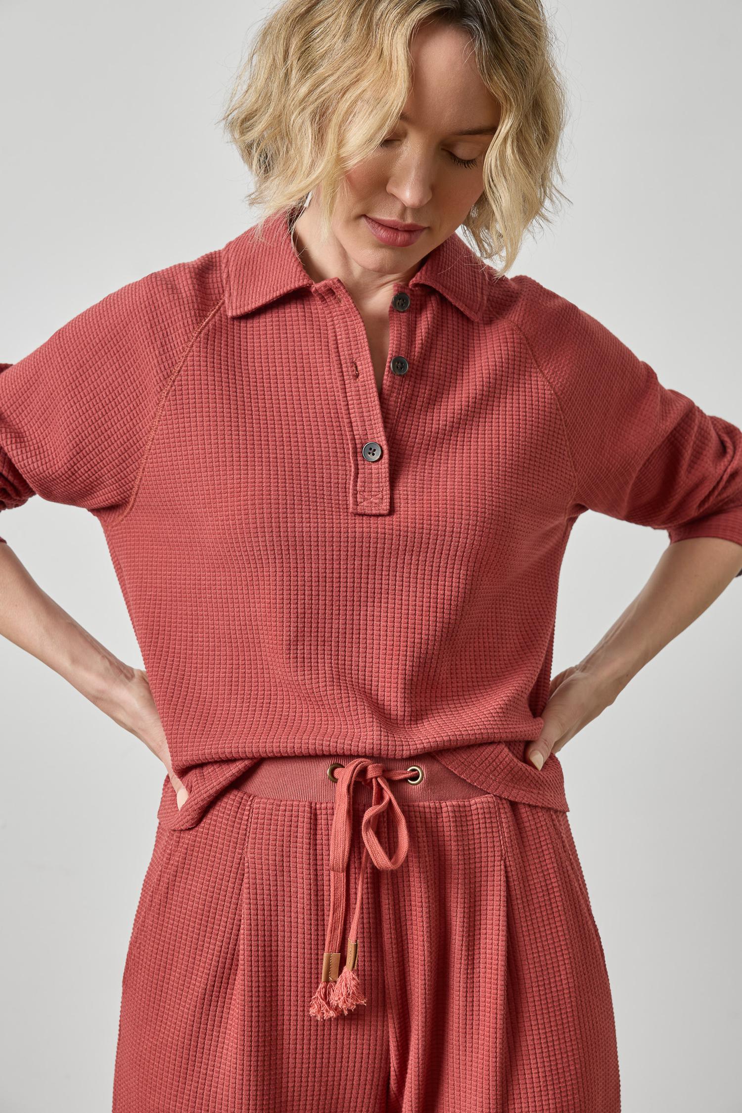 Lilla P Textured Waffle Knit Raglan Polo Top