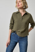 Lilla P Textured Waffle Knit Raglan Polo Top