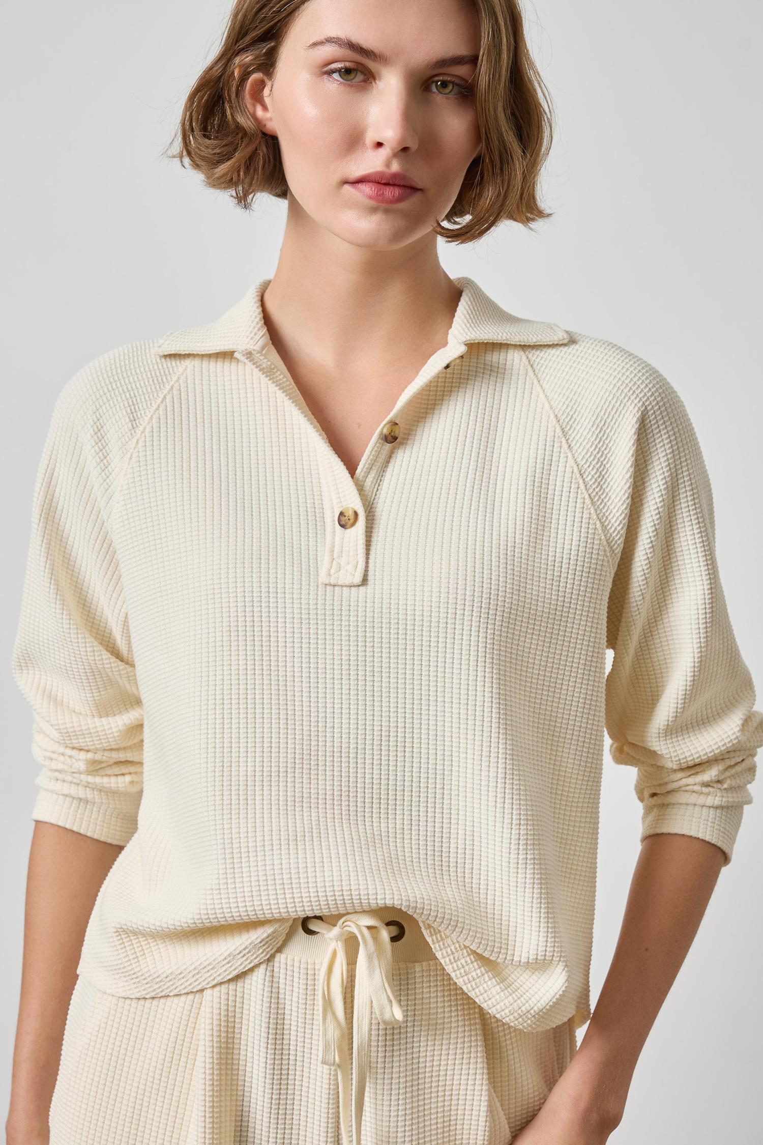 Lilla P Textured Waffle Knit Raglan Polo Top