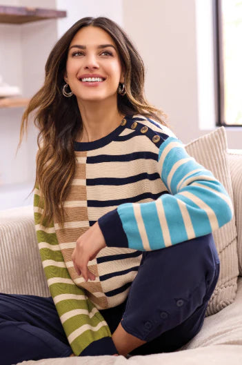Multi Stripe Light Weight Crew Neck Sweater by Tribal