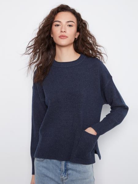 Charlie B Crew Neck Cropped Sweater with Pocket
