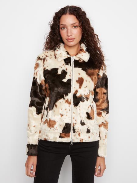 Charlie B Long Sleeve Faux Fur Jacket in a Cow Pattern