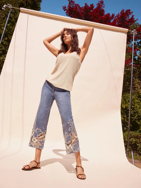 Flare Leg Pant with Laser Cut Lace at the Hem by Charlie B