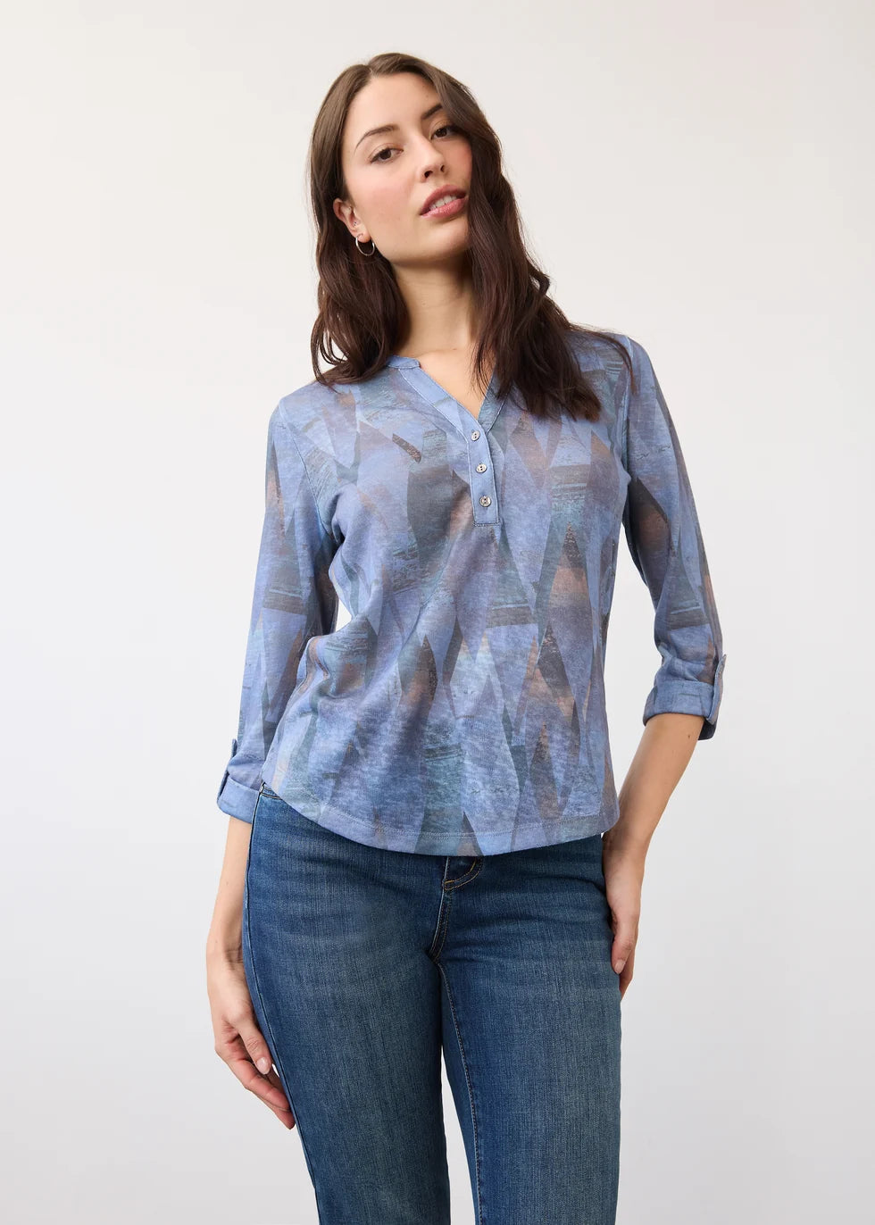 FDJ 3/4 Sleeve Henley Top, Indigo Leaf Rain
