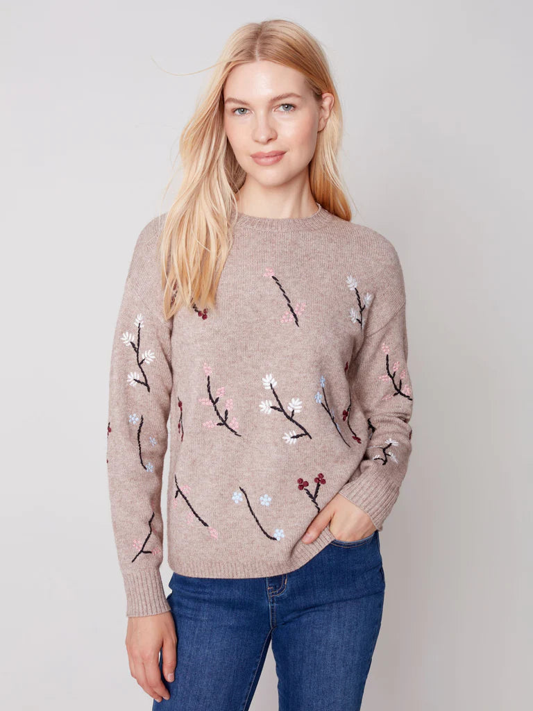 Crew Neck Sweater with Floral Embroidery by Charlie B