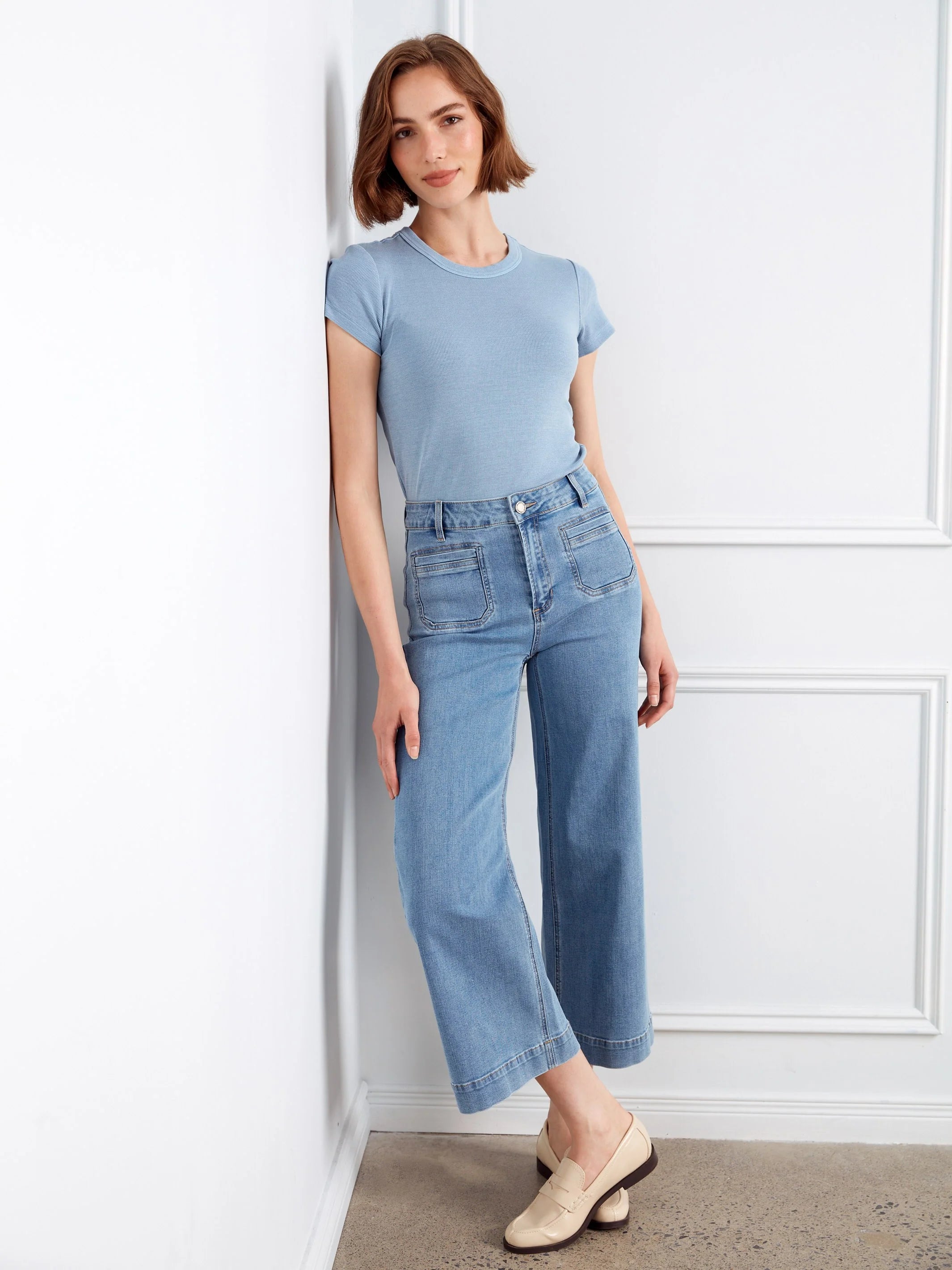 Cropped Patch Pocket Flare Jeans by Charlie B